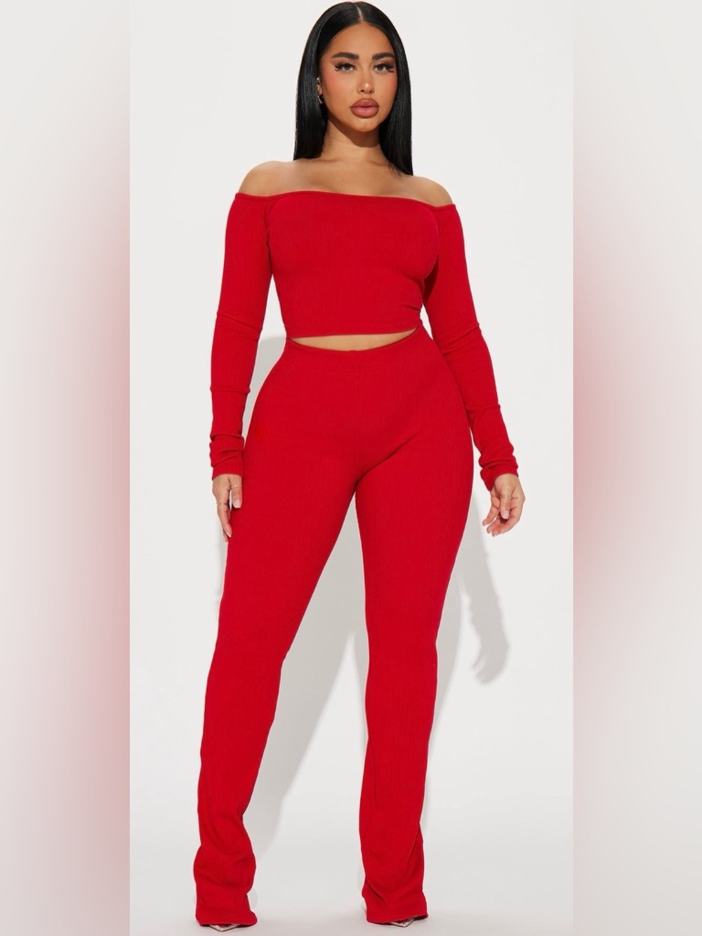 Off-Shoulder Ribbed Boot-Cut Jumpsuit in Red